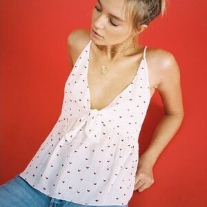 Free People White Camisole with Red Heart Print